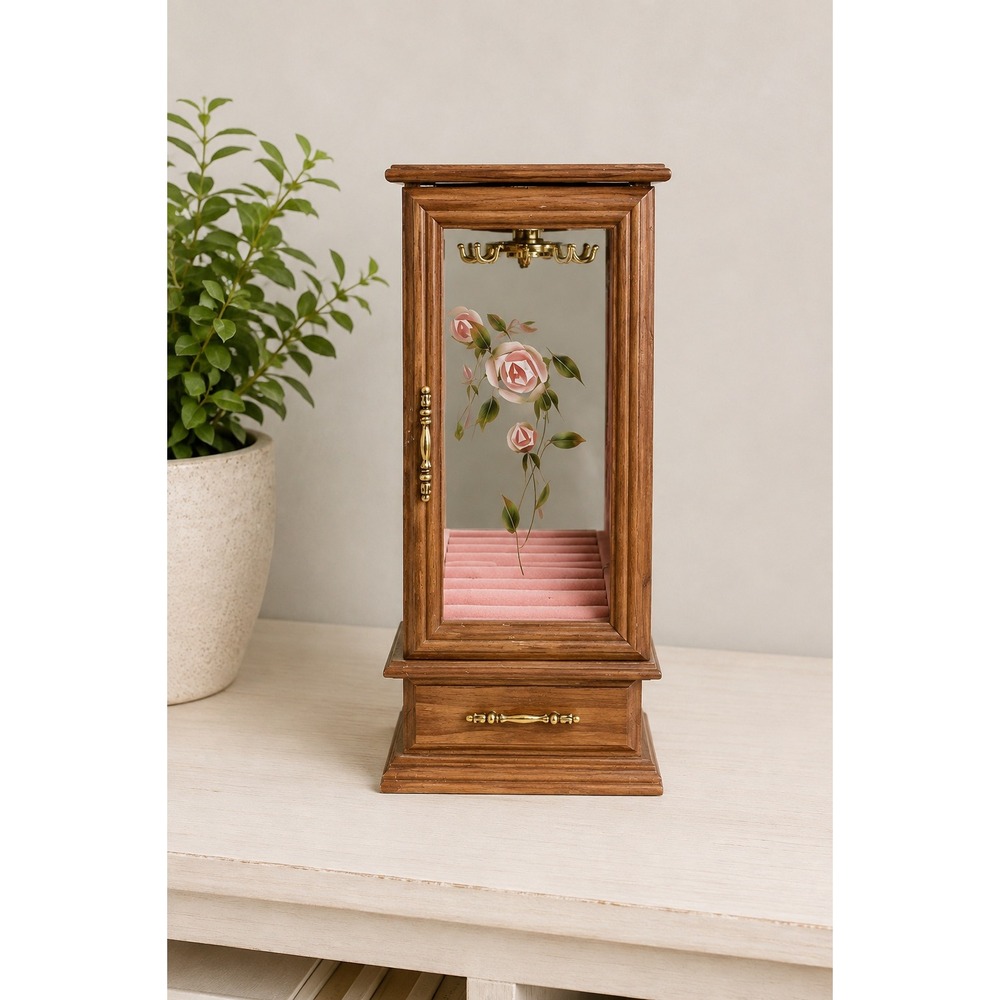 Vintage Mid Century Wooden Jewelry Armoire Floral Glass Mirror Necklace Cabinet